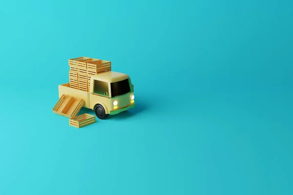 黄色的小送货卡车 装有推车箱 信使工作的概念 把产品送到商店 供应商 3D渲染 3D说明 — 图库照片