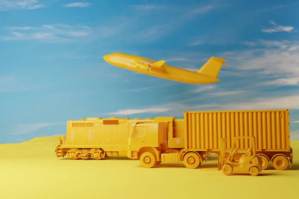 A forklift truck, a truck, plane and train on a solid background. Concept of transporting heavy materials. Global material transport. 3d render, 3d illustration.