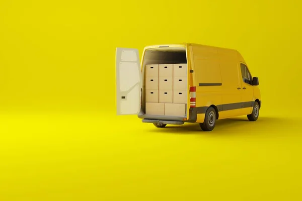 Комерційна Доставка Жовтого Фургона Картонними Коробками Жовтому Тлі Служба Доставки — стокове фото