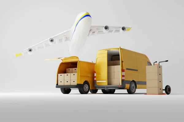 Two commercial delivery yellow vans with cardboard boxes with airplane over them on white background. Delivery order service company transportation box with vans truck. 3d rendering, 3d illustration.