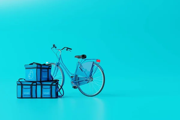 Niebieski Rower Torbą Jedzeniem Niebieskim Tle Pojęcie Dostarczania Żywności Rowerem — Zdjęcie stockowe