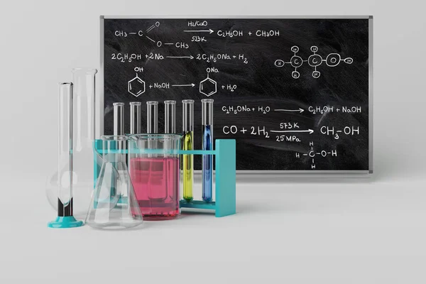 Laboratory glassware on the blackboard background. Chemistry science concept, back to school. Learning about chemical issues, chemical formulas. 3d rendering, 3d illustration.