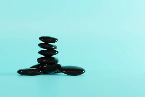 蓝色背景上的黑色按摩石 按摩的概念 Spa和美容护理 3D渲染 3D插图 — 图库照片