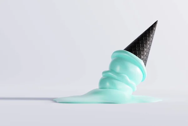 地面と光の背景に黒いワッフルに氷のクリームを溶かした アイスクリームを食べ 冷却するという概念 ブラックワッフル付きのモダンなアイスクリーム 3Dレンダリング 3Dイラスト — ストック写真