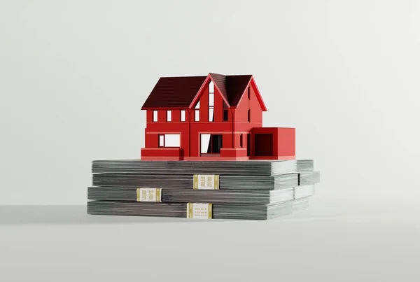 房子模型上的一捆钞票 买房子的概念 买房子的背景很浅薄 3D渲染 3D插图 — 图库照片