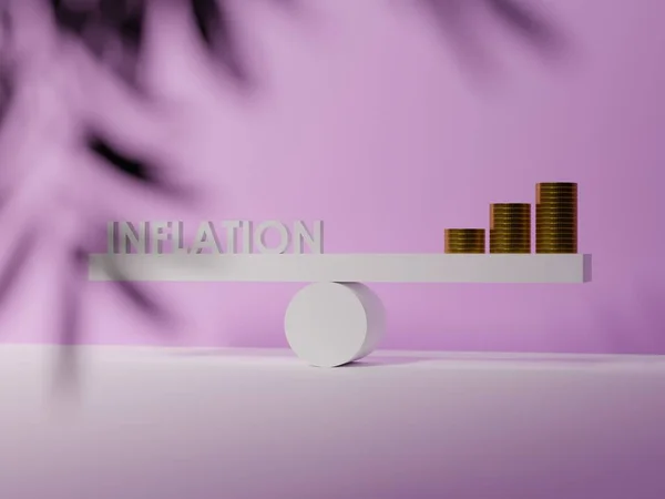 碑文でランプ一方の側にインフレと反対側にコイン インフレの概念 コストの上昇の問題 同じお金のためのより少ないプロダクト 3Dレンダリング 3Dイラスト — ストック写真