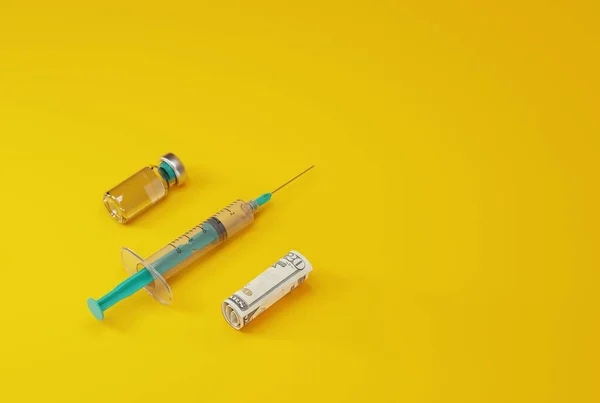 Eine Spritze Ein Covid Impfstoff Und Eine Zusammengerollte Banknote Gesundheits — Stockfoto