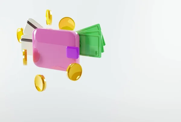 コイン 銀行券 決済カード付きの財布 ショッピング ビジネスの概念 財布やさまざまな支払い方法を使用してください 3Dレンダリング 3Dイラスト — ストック写真