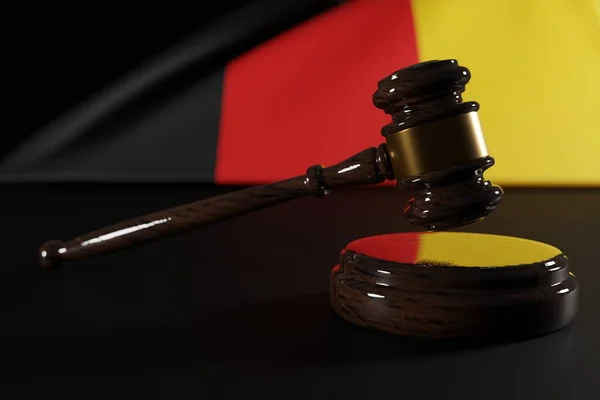 Judge\'s gavel against the background of the Germany flag. The concept of the justice system in Germany, problems with the courts. Disputes of Judges in Germany. 3D render.