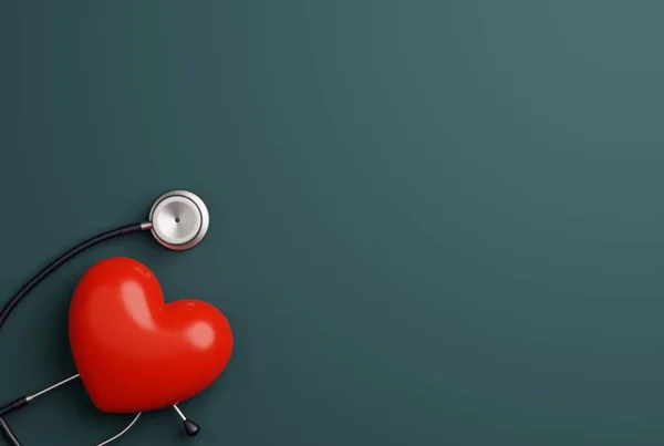 暗い背景に心臓と聴診器 医薬品の概念 心臓の問題 心臓発作の予防の世話をする 3Dレンダリング 3Dイラスト — ストック写真