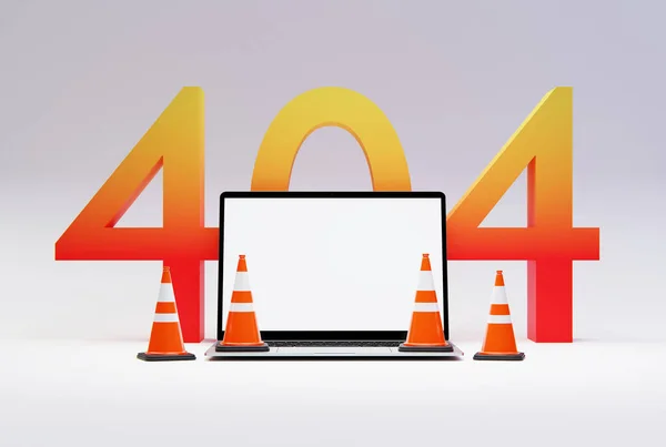 stock image Laptop, traffic cones and number 404 as an error of a non-existent website. 404 error concept, page not found, website template. 3D render, 3D illustration.