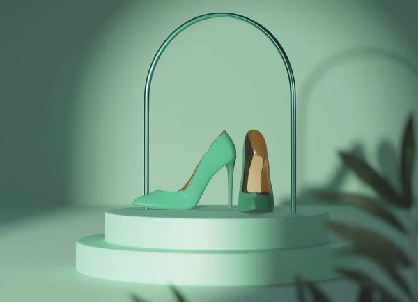 绿色的白色高跟鞋隔离在浅绿色的白色背景上 时尚的概念 一个现代的时髦鞋店 3D渲染 3D插图 — 图库照片