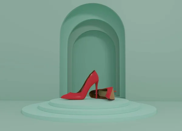 Red pastel high heels isolated on light green pastel background. Fashion concept, catwalk. A modern and trendy shoe store. 3D render, 3D illustration.