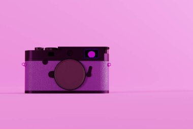 Pembe arka planda eski fotoğraf makinesi. Fotoğraf çekme konsepti, klasik fotoğraf makinesi, analog. 3B görüntüleme; 3B resimleme.