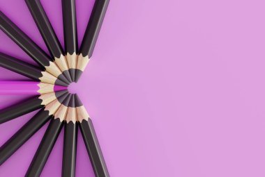 Yarı daire şeklinde siyah boya kalemleri ve bir pembe boya kalemi. İş konsepti, kalabalıkta göze çarpmak, sosyal meseleler. Pastel boyaları kapatın. 3B görüntüleme, 3B illüstrasyon.