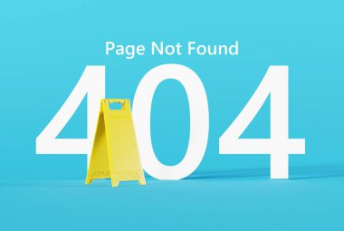 Sarı uyarı işareti ve arkaplandaki 404 sayısı var olmayan bir web sitesinin hatası. 404 hata konsepti, sayfa bulunamadı, web sitesi şablonu. 3B görüntüleme, 3B illüstrasyon.