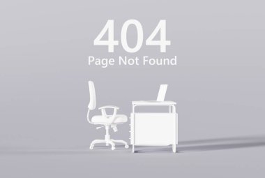 Bir koltuğun, bir masanın yan görüntüsü ve arka plandaki 404 sayısı var olmayan bir web sitesinin hatası olarak gösteriliyor. 404 hata konsepti, sayfa bulunamadı, web sitesi şablonu. 3B görüntüleme, 3B illüstrasyon.