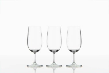 Beyaz izole edilmiş arka planda gözlük. Şarap içmek, bardakta içmek. Doğru bardakları kullanmak. 3B görüntüleme, 3B illüstrasyon.