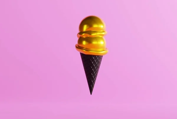 地面に黒いワッフルとピンクの背景にアイスクリーム アイスクリームを食べ 冷却するという概念 ブラックワッフル付きのモダンなアイスクリーム 3Dレンダリング 3Dイラスト — ストック写真