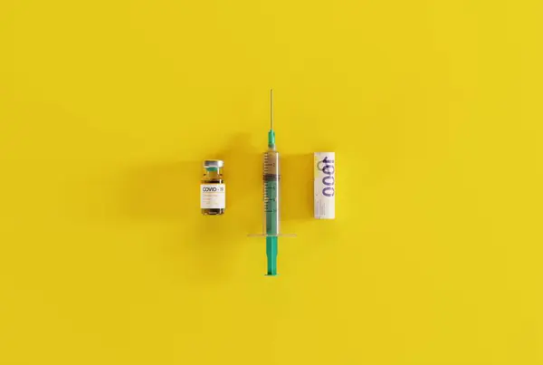 Una Jeringa Una Vacuna Covid Billete Enrollado Concepto Salud Atención —  Fotos de Stock