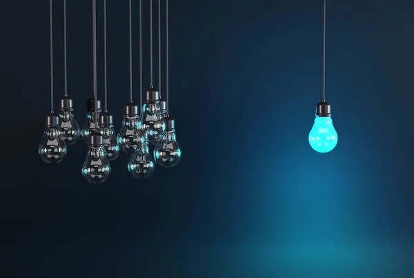 Une Ampoule Sur Fond Nombreuses Ampoules Éteintes Concept Entreprise Découverte — Photo
