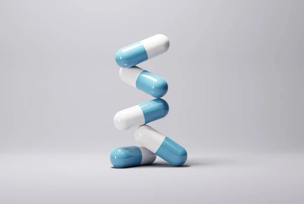 薄い背景に青いカプセル 医薬品の概念 病気の人を治療し 患者の世話をする 3Dレンダリング 3Dイラスト — ストック写真