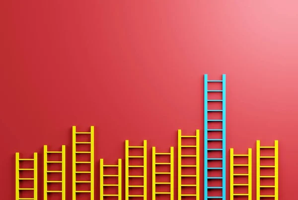 壁に対するはしごと別の色の1つが高く達する ビジネスコンセプト リーダー リーダーシップと他の人の前で目標を達成する 3Dレンダリング 3Dイラスト — ストック写真