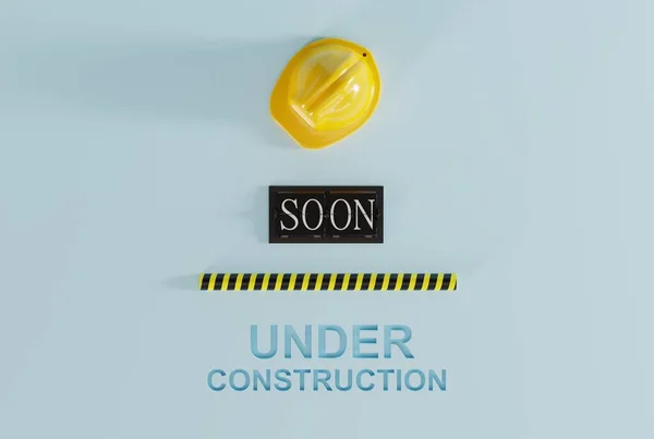 建設ヘルメットとすぐに建設中に書かれたカウントダウンクロック 改装の概念 何かを準備 道路や建設工事に対する警告 3Dイラスト — ストック写真