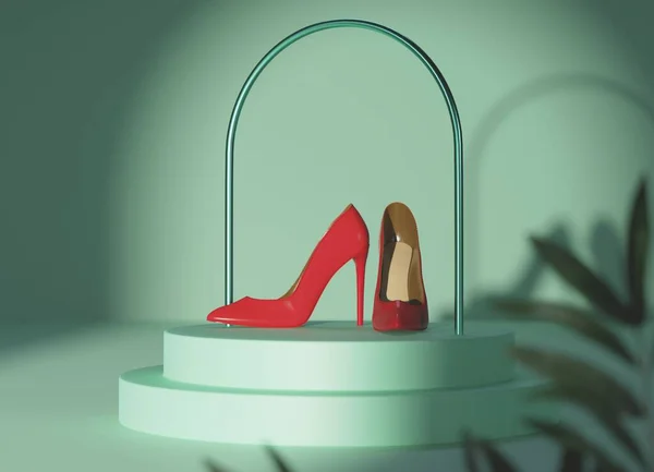 Red pastel high heels isolated on light green pastel background. Fashion concept, catwalk. A modern and trendy shoe store. 3D render, 3D illustration.