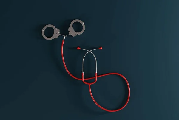 听诊器以手铐结束 医疗犯罪概念 医生的问题 医务工作者的判决 Redner 3D例证 — 图库照片