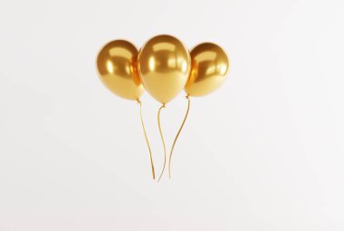 Gold balloons on a light background. Concept for the release of balloons, balloons inflated with air. 3d rendering, 3d illustration.	