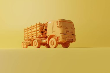 Sağlam bir zeminde odun taşıyan bir kamyon. Ağır malzeme taşıma konsepti, ahşap. 3d görüntüleme, 3d illüstrasyon