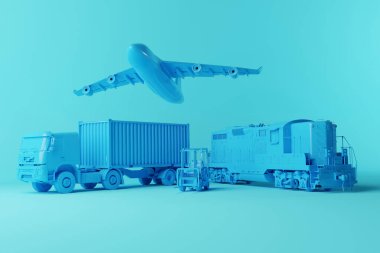 Sağlam bir arka planda bir forklift, bir kamyon, bir uçak ve bir tren. Ağır malzeme taşıma kavramı. Küresel malzeme nakli. 3d görüntüleme, 3d illüstrasyon. 