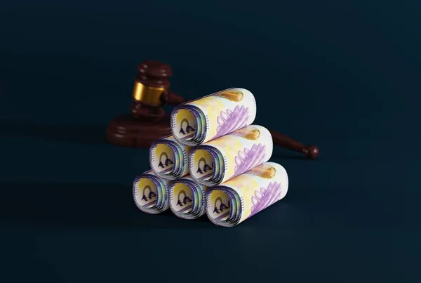 Молоток Судьи Тёмном Фоне Пачка Банкнот Концепция Коррупции Судах Покупка — стоковое фото