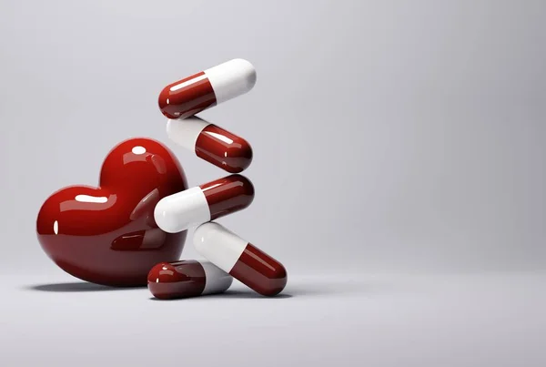 青い背景に赤いカプセルと心臓 医薬品の概念 病気の人を治療し 患者の世話をする 3Dレンダリング 3Dイラスト — ストック写真