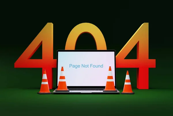 Laptop Verkehrskegel Und Nummer 404 Als Fehler Einer Nicht Existenten — Stockfoto