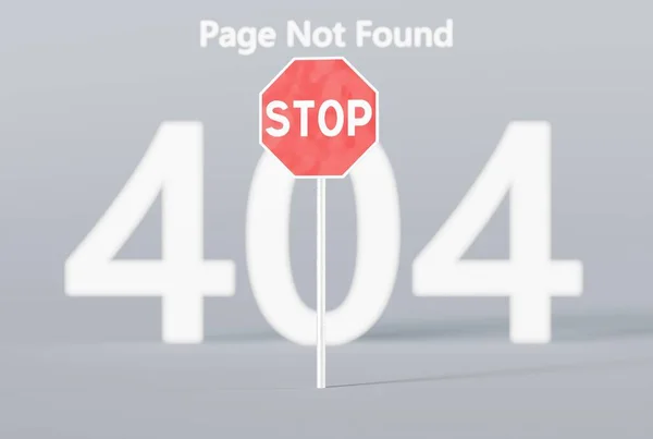 The STOP sign and the number 404 in the background as an error of a non-existent website. 404 error concept, page not found, website template. 3D render, 3D illustration.
