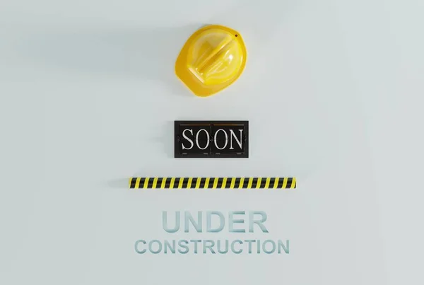 建設ヘルメットとすぐに建設中に書かれたカウントダウンクロック 改装の概念 何かを準備 道路や建設工事に対する警告 3Dイラスト — ストック写真