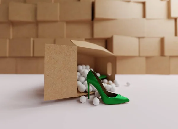 绿色的高跟鞋从一个纸板箱里掉了出来 后面是一个装有纸板箱的仓库 送鞋的概念由信使 发送产品 在线时尚商店 3D插图 — 图库照片