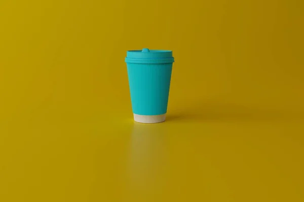 Blue cardboard coffee mug. Concept of drinking coffee in the city, buying coffee at a fast food station. Running and chasing time. 3d render, 3d