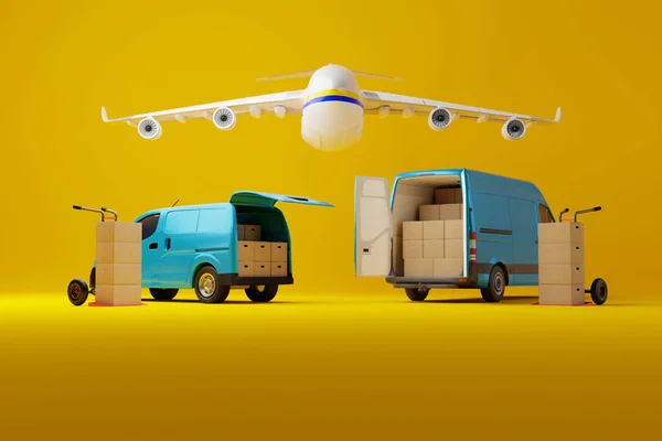 Twee Commerciële Levering Blauwe Bestelwagens Met Kartonnen Dozen Met Vliegtuig — Stockfoto