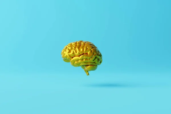 Gelbes Gehirn Auf Blauem Hintergrund Geschäftskonzept Brainstorming Suche Nach Antworten — Stockfoto