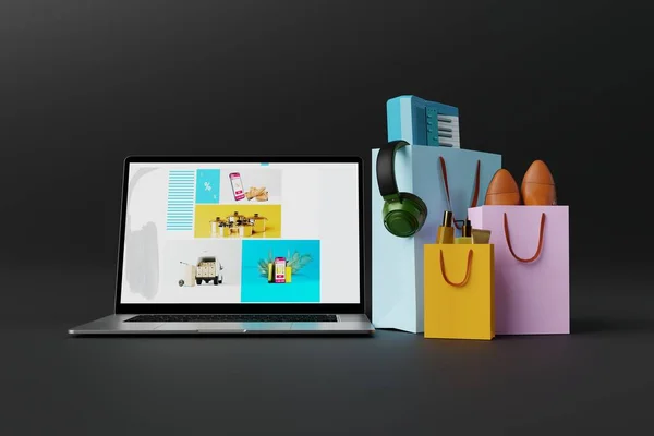Laptop Stroną Internetową Sklepu Internetowego Toreb Zakupy Handel Elektroniczny Zakupy — Zdjęcie stockowe