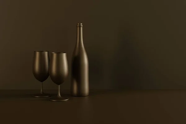 Copos Vinho Uma Garrafa Vinho Sobre Fundo Amarelo Escuro Conceito — Fotografia de Stock
