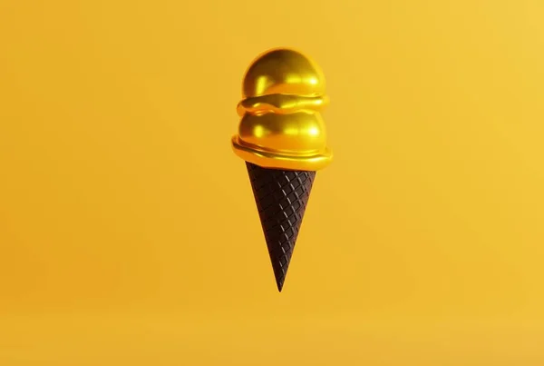 冰激淋在一个黑色的华夫饼在地面和黄色的背景 吃冰淇淋的概念 冷却下来 现代冰淇淋与黑色华夫饼 3D渲染 3D插图 — 图库照片