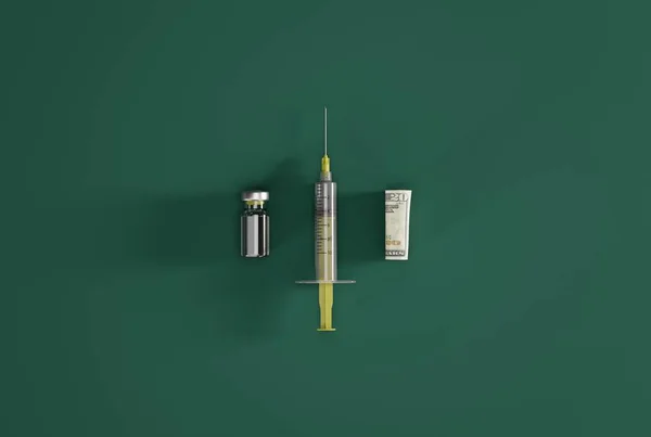 Een Spuit Een Covid Vaccin Een Opgerold Bankbiljet Gezondheids Medische — Stockfoto