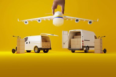 Sarı arka planda el ele tutuşan uçakla dolu karton kutularla dolu iki beyaz minibüs. Minibüslü servis servis servisi taşıma kutusu..