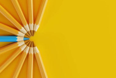 Sarı boya kalemleri yarım daire şeklinde dizilmiş ve mavi renkli bir pastel boya. İş konsepti, kalabalıkta göze çarpmak, sosyal meseleler. Pastel boyaları kapatın. 3B görüntüleme, 3B illüstrasyon.