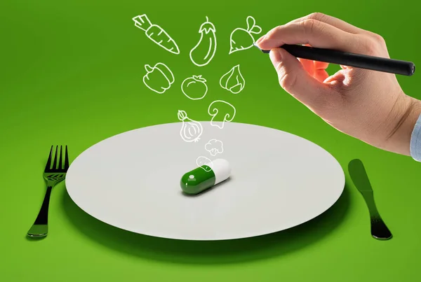 Kéz Különböző Zöldségeket Fest Amik Kijönnek Tablettából Tablettákat Tányérra Zöldségeket — Stock Fotó