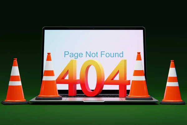 Laptop Verkehrskegel Und Nummer 404 Als Fehler Einer Nicht Existenten — Stockfoto